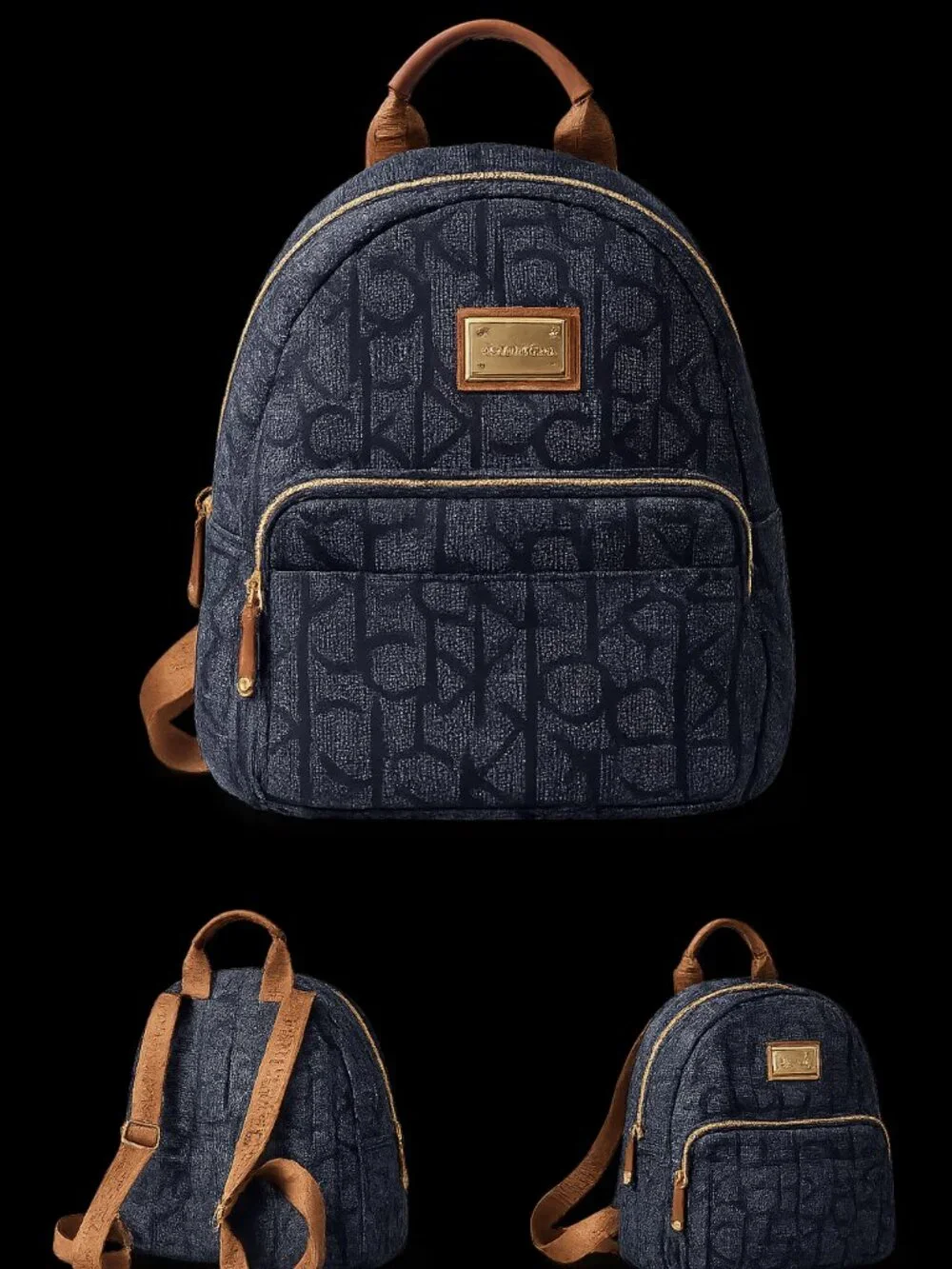 Calvin Klein Monogram Mini Backpack Navy Brown Gold Logo Everyday Travel Bag